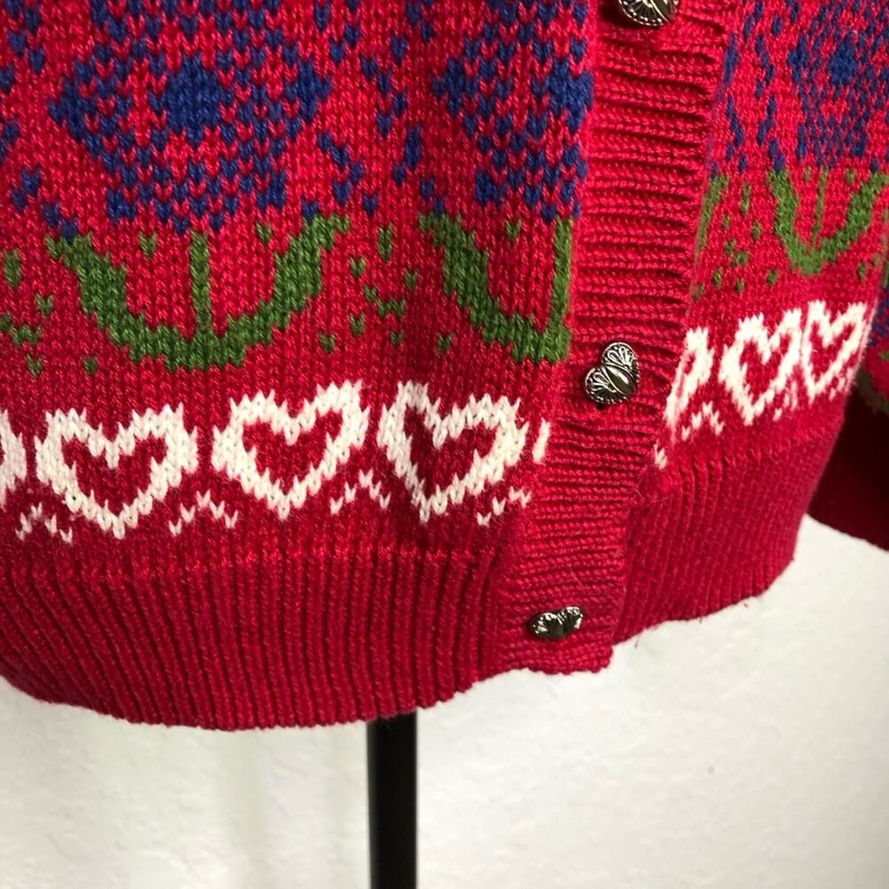 Vintage Northern Isles red heart floral knit button down cardigan size Large - Picture 5 of 16